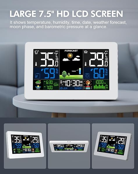 Stazione Meteo con Sensore Esterno, Barometro Digitale LCD Wireless a Colori DCF, Sveglia, Fase Lunare, Previsioni Meteo, Retroilluminazione Regolabile, Bianco - 2