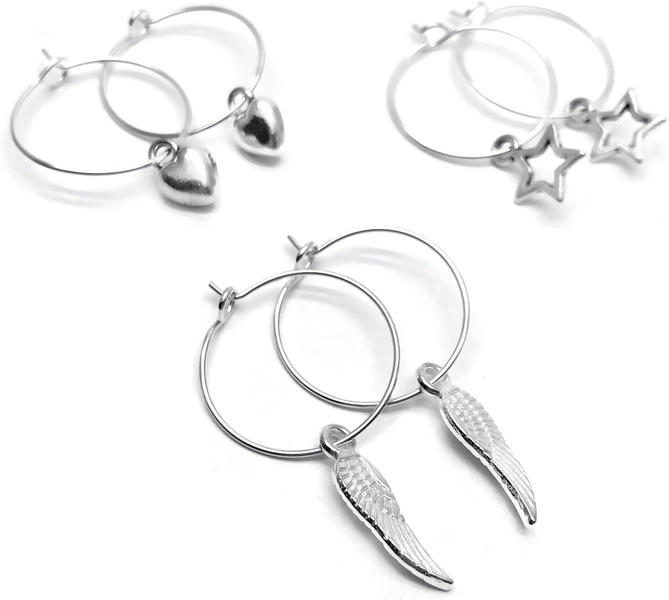 3 Pairs of Small Earring Hoops, Angel Wings, Heart and Star Charms on Nickel Free Silver Tone Hoops, 20mm Diameter, Cute Everyday Hoop Earrings, Set of 3 Gift for Women