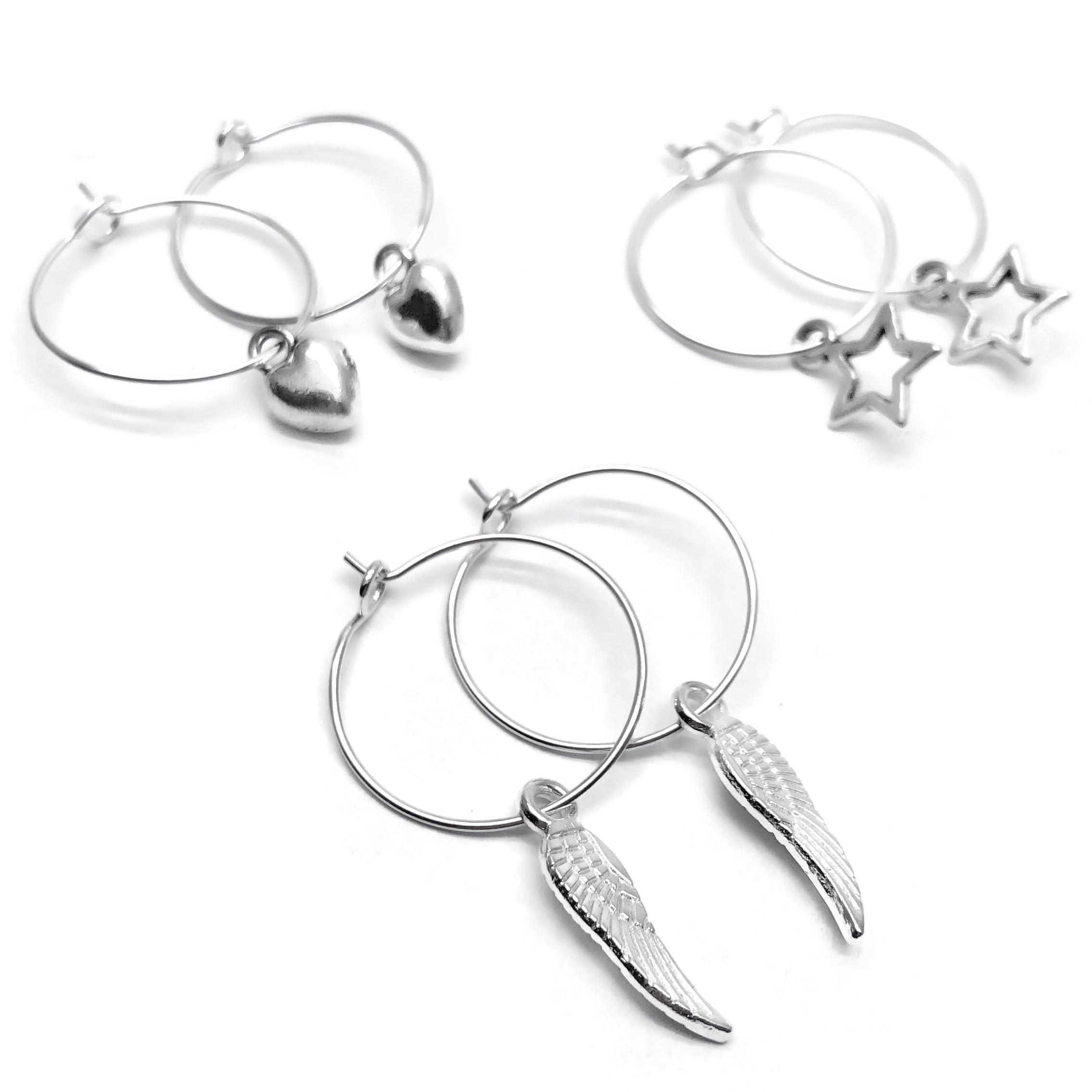 3 Pairs of Small Earring Hoops, Angel Wings, Heart and Star Charms on Nickel Free Silver Tone Hoops, 20mm Diameter, Cute Everyday Hoop Earrings, Set of 3 Gift for Women