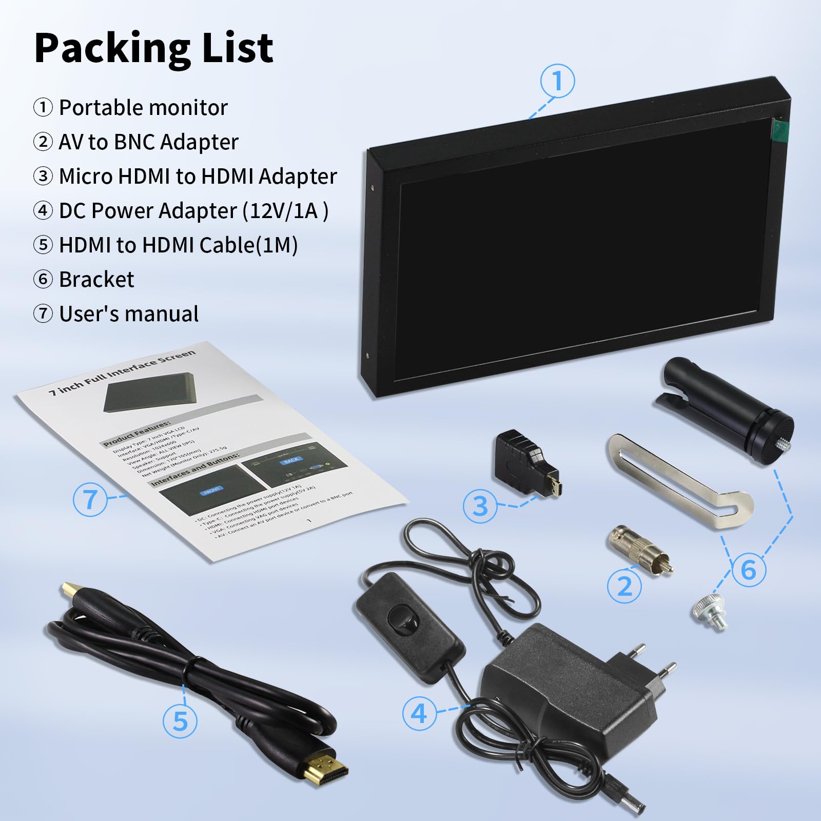 7-calowy mini monitor HDMI, przenośny monitor VGA z AV BNC, ekran LCD 1024×600, z wbudowanymi głośnikami, kąt widzenia 178° IPS, wielofunkcyjny mini mały wyświetlacz do Raspberry Pi PC/TV/DVD