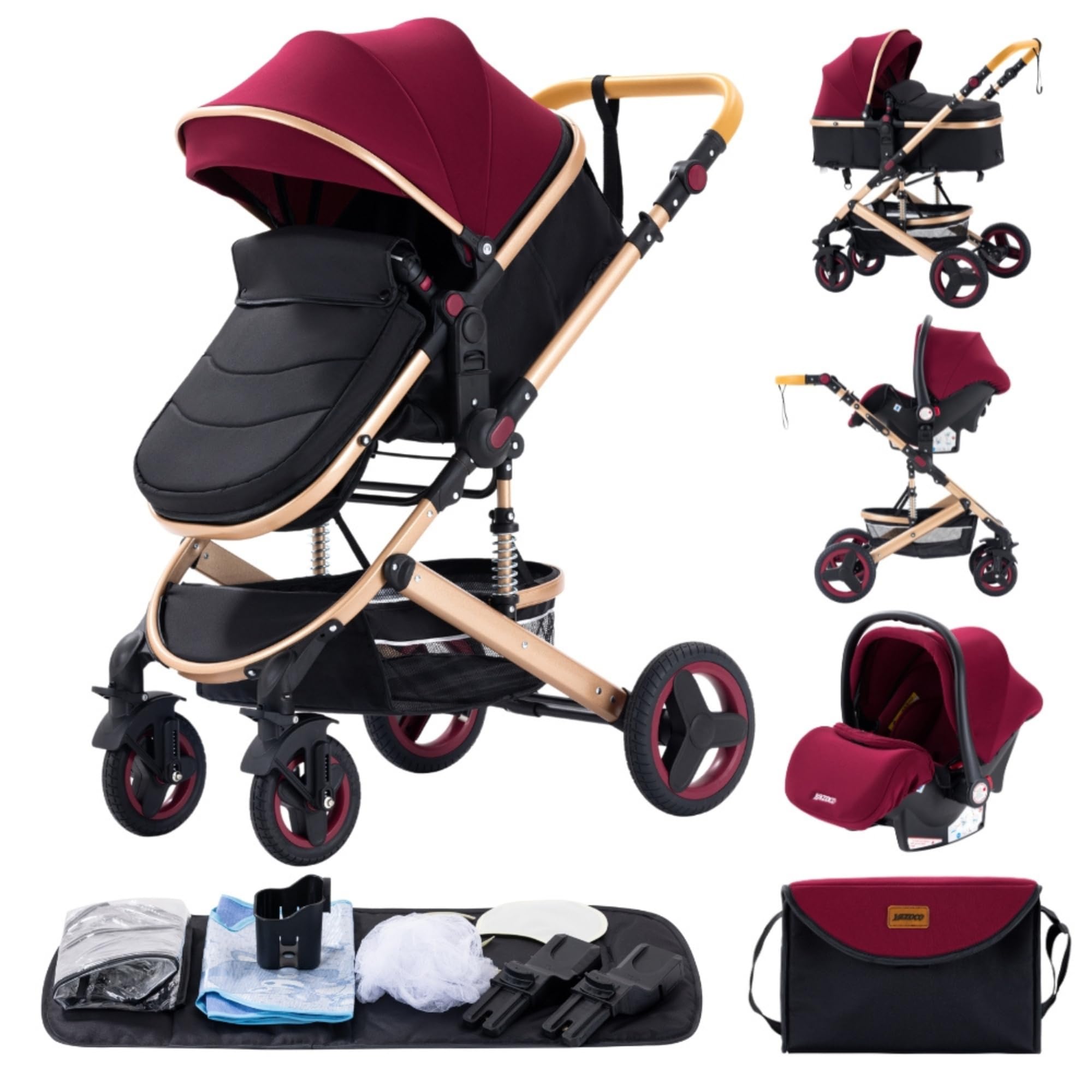 GLOKID Kinderwagen 3 in 1,Reisesysteme, Babywanne Buggy,Voll-Gummireifen,Mit Einem Klick Zusammenklappbarer, Rain cover Mosquito net, Mummy Bag（Rot）