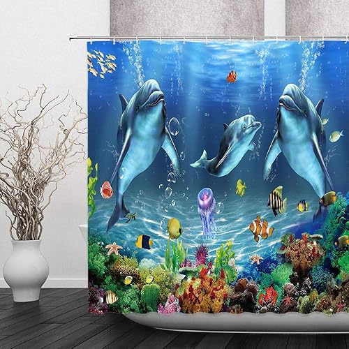 Miniatura 2 de Cortina de ducha de delfín subacuático, diseño de ballena azul con dibujos animados de océano, niños, vida marina, peces y arrecifes de coral,