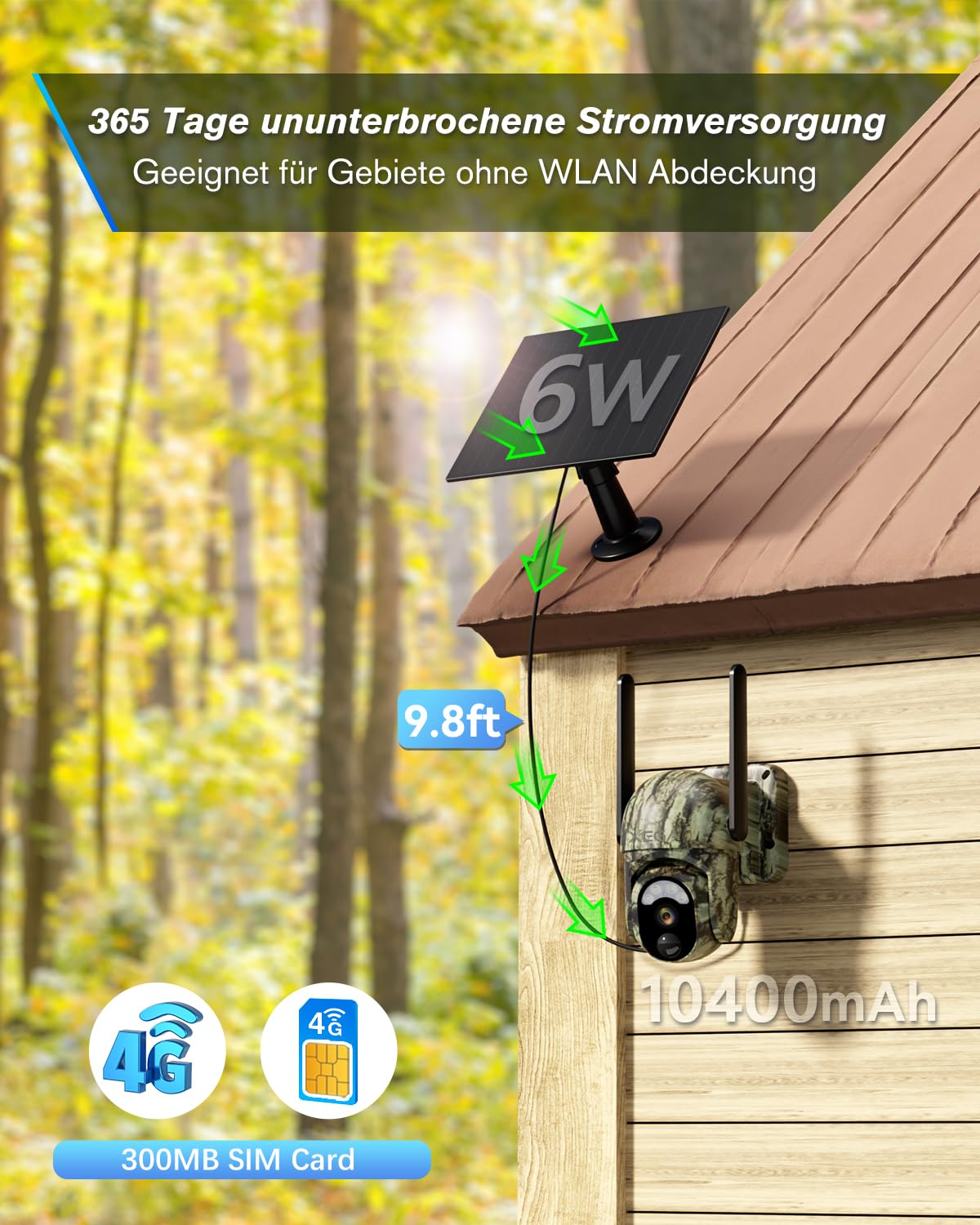 Xega 4G LTE Ohne WLAN Wildkamera Solar 2K PTZ Wildtierkamera mit SIM-Karte | Überwachungskamera Aussen Akku mit Farbnachtsicht, Live-Streaming Kein WLAN, PIR Erkennung, IP65 Wasserdicht, Cloud/TF