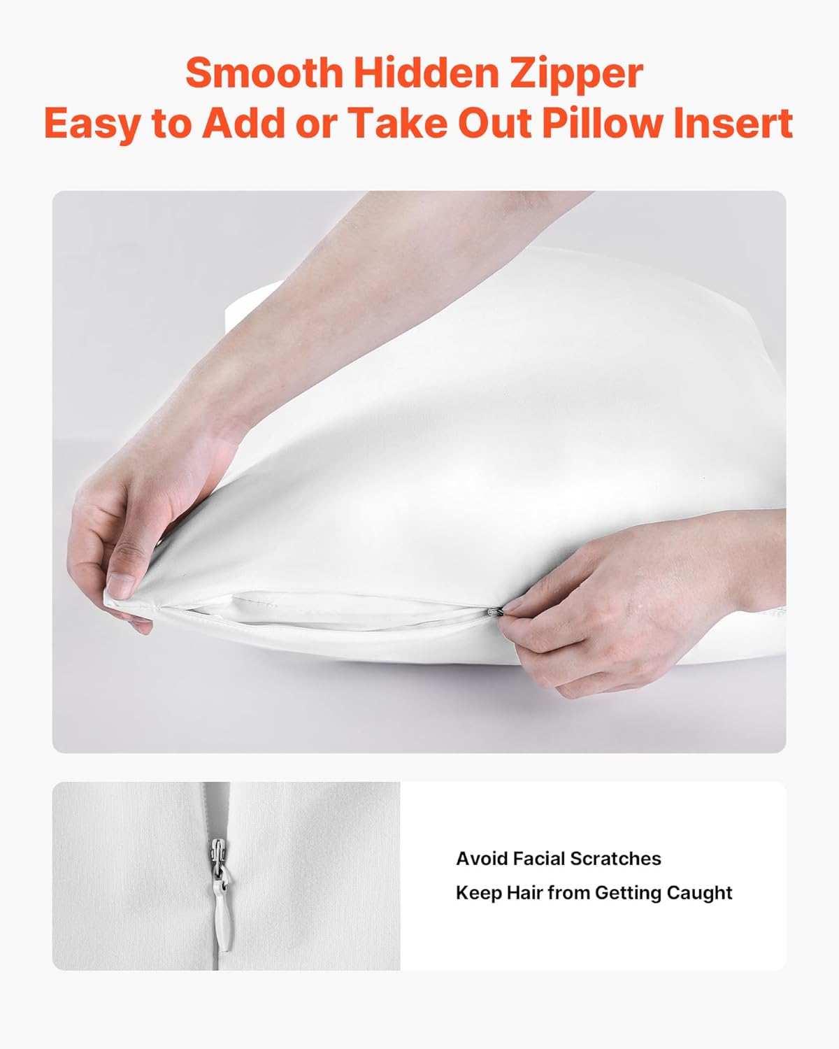 Close-up of hands operating the hidden zipper on a pillow protector.