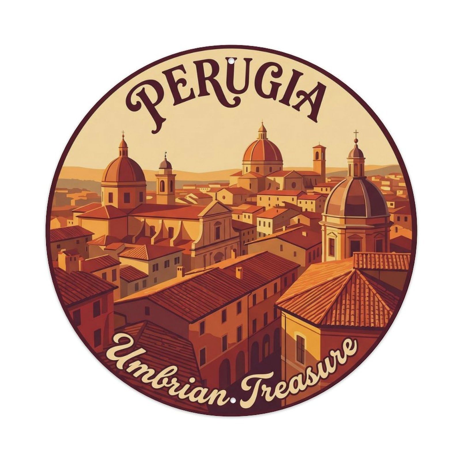 Oldtown Perugia Tourism Classic Heritage Scenic Landmark Metal Tin Sign Plaque Wall Decor for Cafe, Man Cave, Club Bar, Office, Home Garden Round Metal Poster 8x8Inch