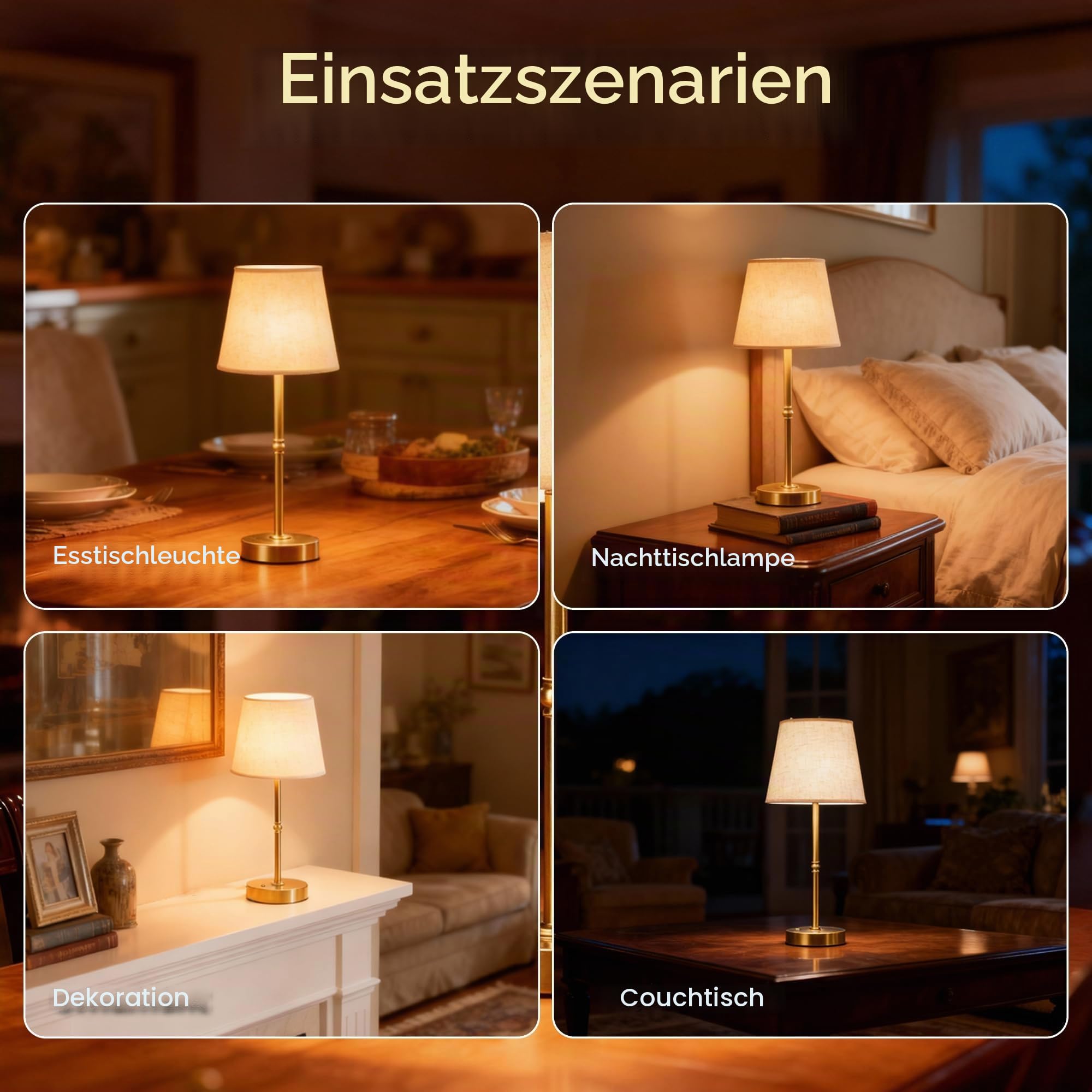 Vintage Akku Tischlampe Kabellos, Wiederaufladbare Stoffschirm Tischlampe Gold mit 6000mAh Akku, Stufenlos Dimmbar, Touch-Steuerung, USB-C LED Tischlampe für Schlafzimmer, Wohnzimmer, Esstisch