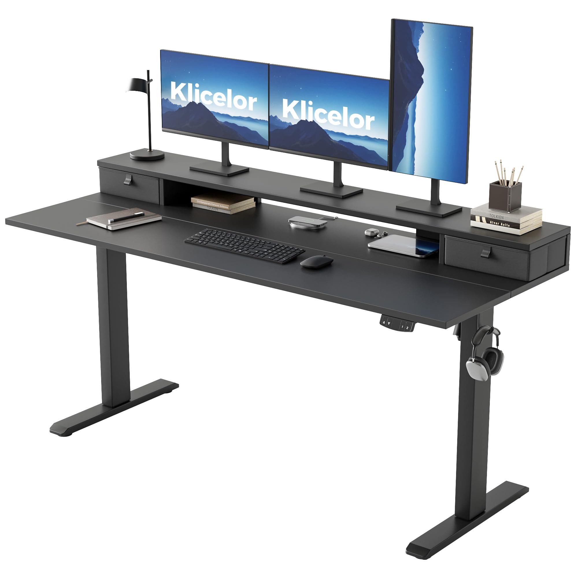 Klicelor 63 Inch Electric Standing Desk with Drawers, Adjustable Height Small Sit Stand Desk for Home Office, Compact Computer Workstation with Storage– Black