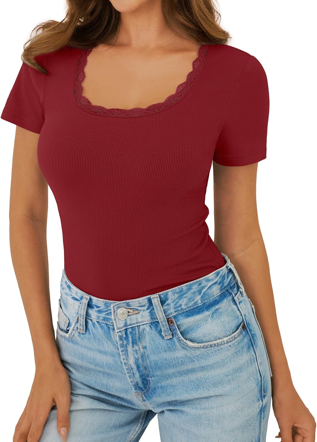 Women's Short Sleeve Tops Scoop Neck Lace Trim Ribbed Fitted Tight Shirts Casual Basic Tee Spring Clothes 2026 Trendy - Image 3
