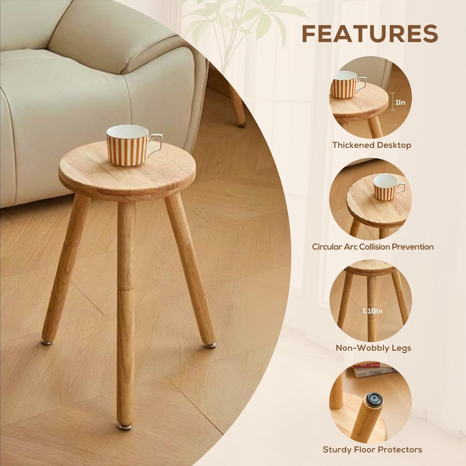 Small Round Side Table Adjustable Height Solid Wood Drink Table Indoor Tall Plant Stand Multi-Use Accent Stool-11‘’D × 20“H (Wood)