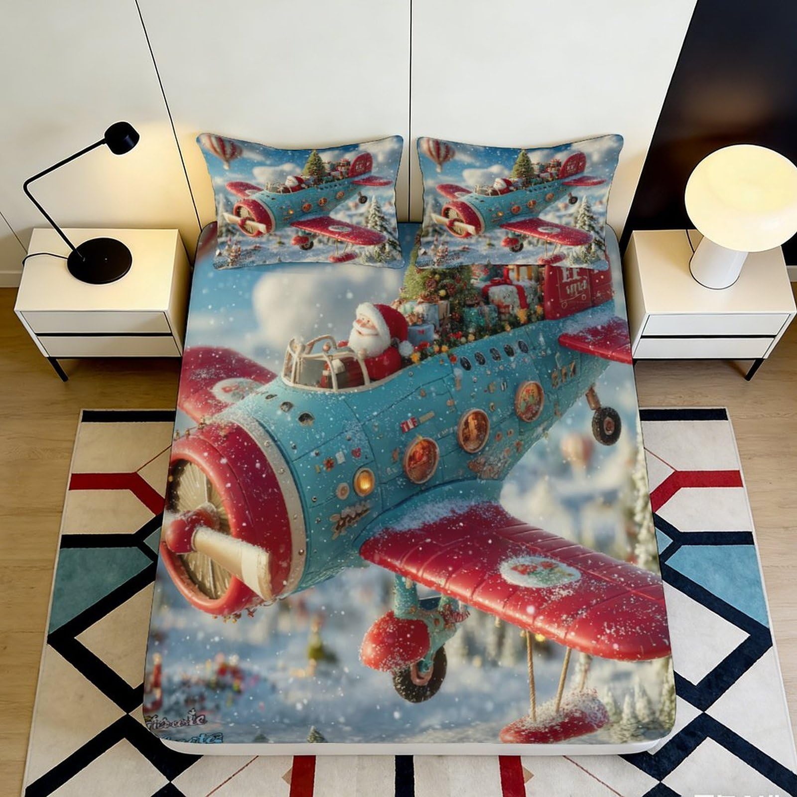3D Printed Retro Airplane Fitted Sheet Microfiber Soft Cartoon Plane Bed Cover for Bedroom Dorm Mattress Protection Decor 90x200x25cm