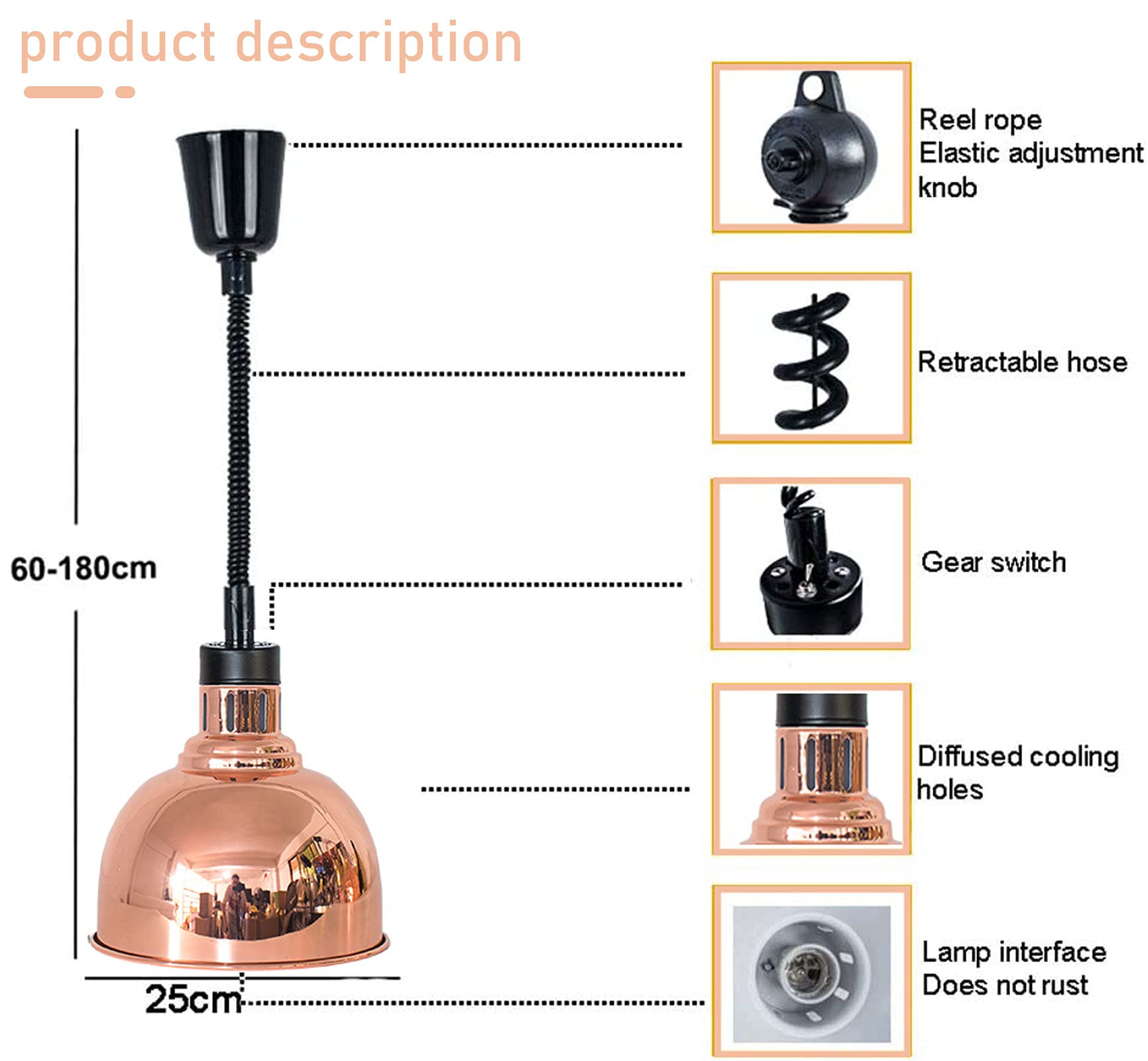 Lampa grzewcza do żywności, podgrzewacz do serwowania żywności w kuchni, lampa grzewcza do pizzy stekowej, aby zapobiec szybkiemu schłodzeniu żywności (25 cm)