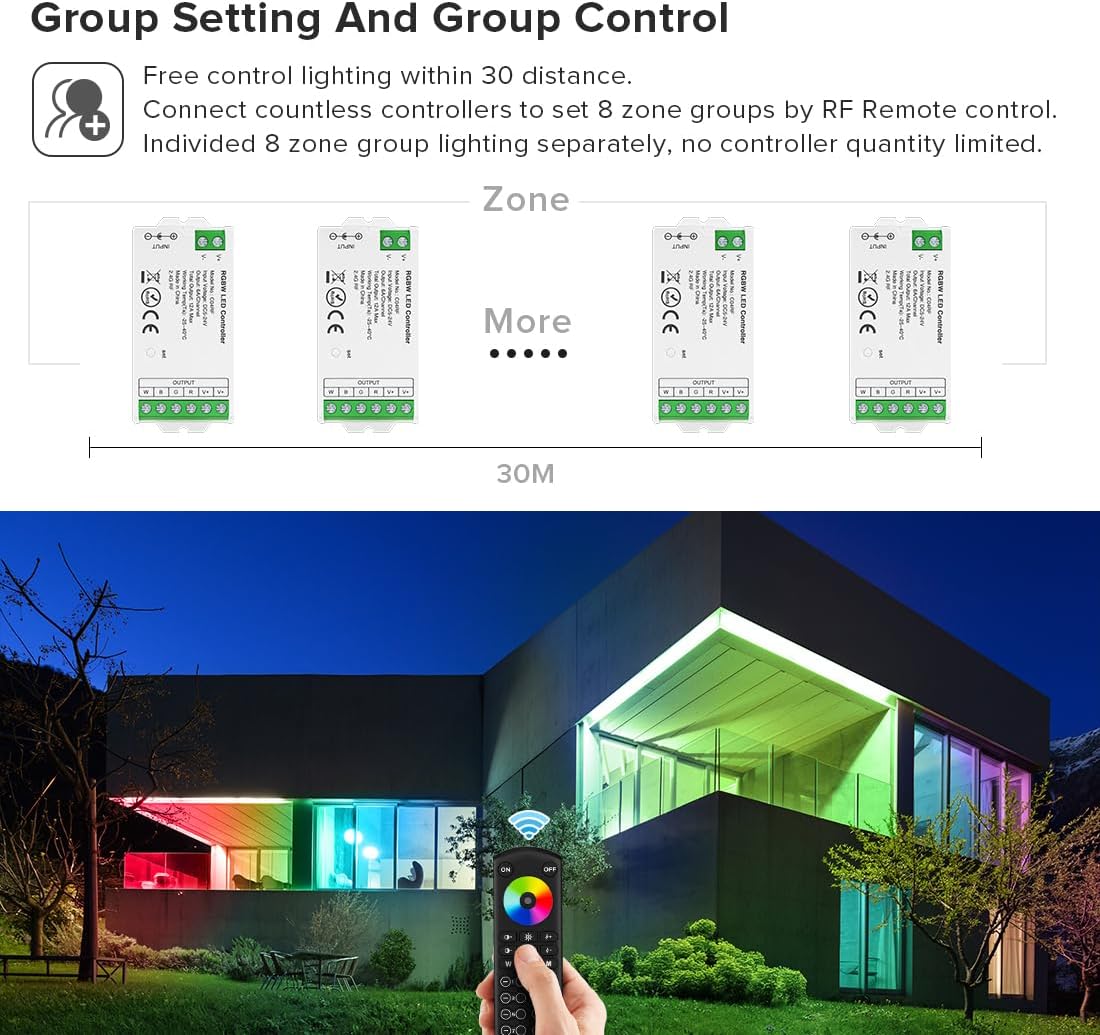 BTF-LIGHTING 500FT Super Long Wireless RC05RFB 2.4G RF Remote for 5050SMD FCOB COB RGB RGBW RGBCCT LED Strip 8 Zone Group Control Work with DR03W WB5 LM052 LM053 C03W C04W C05W C03RF C04RF C05RF etc