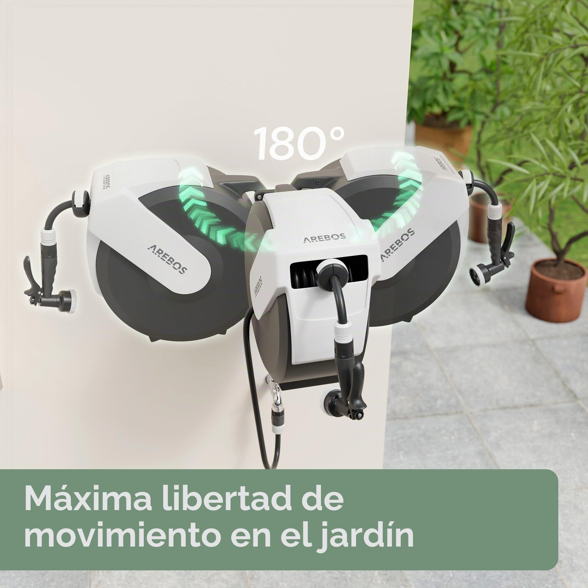 Arebos Enrollador de Manguera 25 m Automático | Carrete de Manguera con Soporte de Pared | Manguera Multicapa | Giratorio 180° | Función de Bloqueo | 7 Modos de Riego
