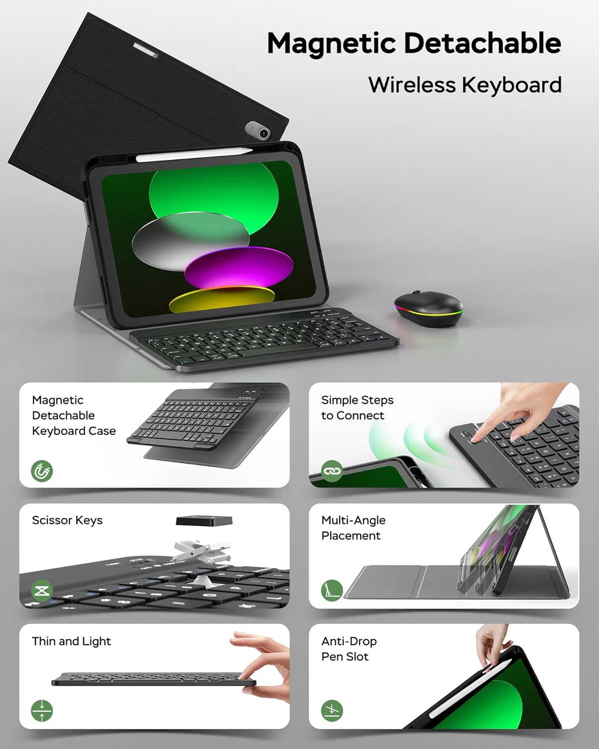 for ipad A16 Case with Keyboard and Mouse, Stand Folio Cover with Pencil Holder for 11th Gen 2025 11 inch/10th Gen 2022 10.9 inch, Magnetic Detachable Wireless Keyboard with Mouse, Black - Image 3