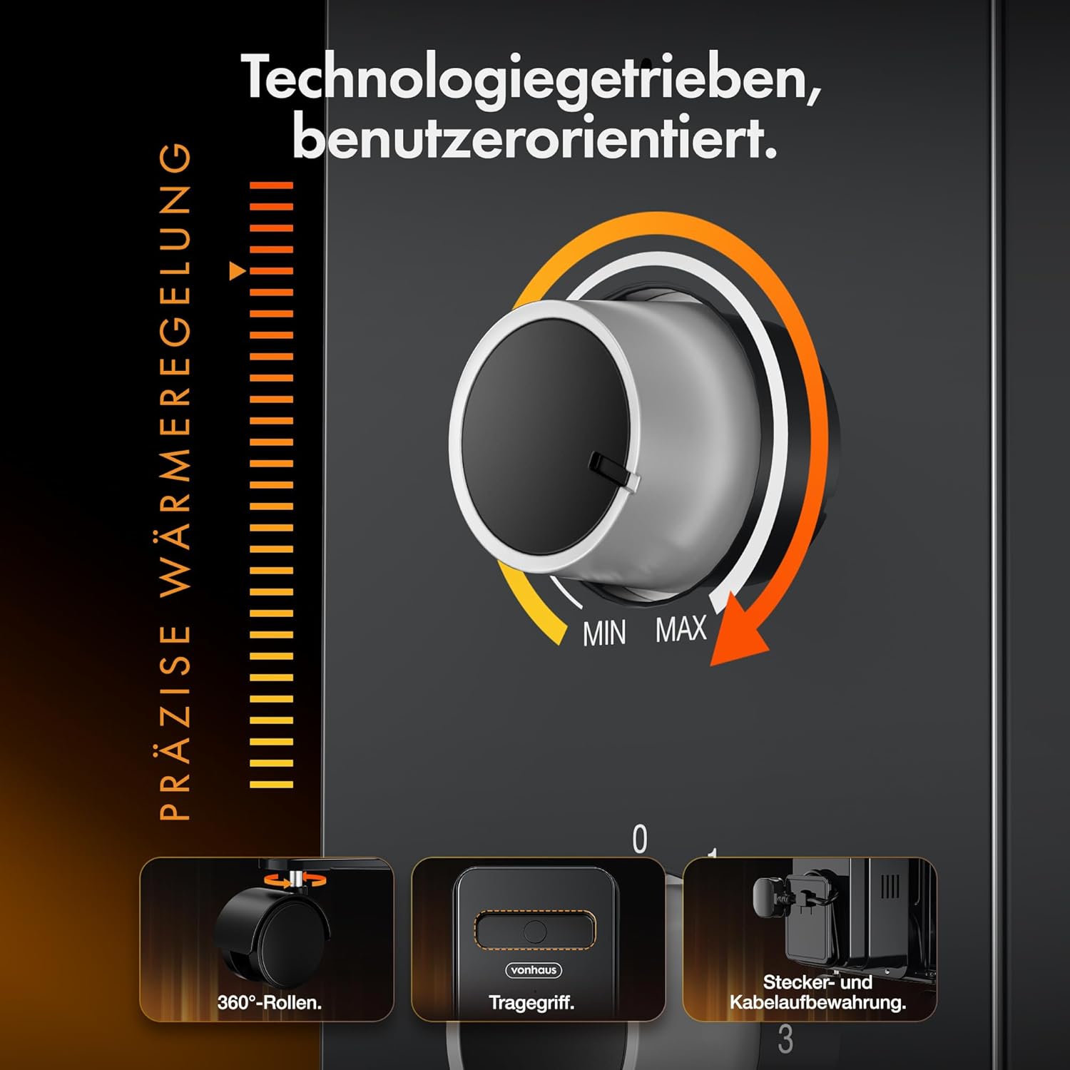 Close-up of VonHaus radiator control knobs, 360-degree wheels, and handle