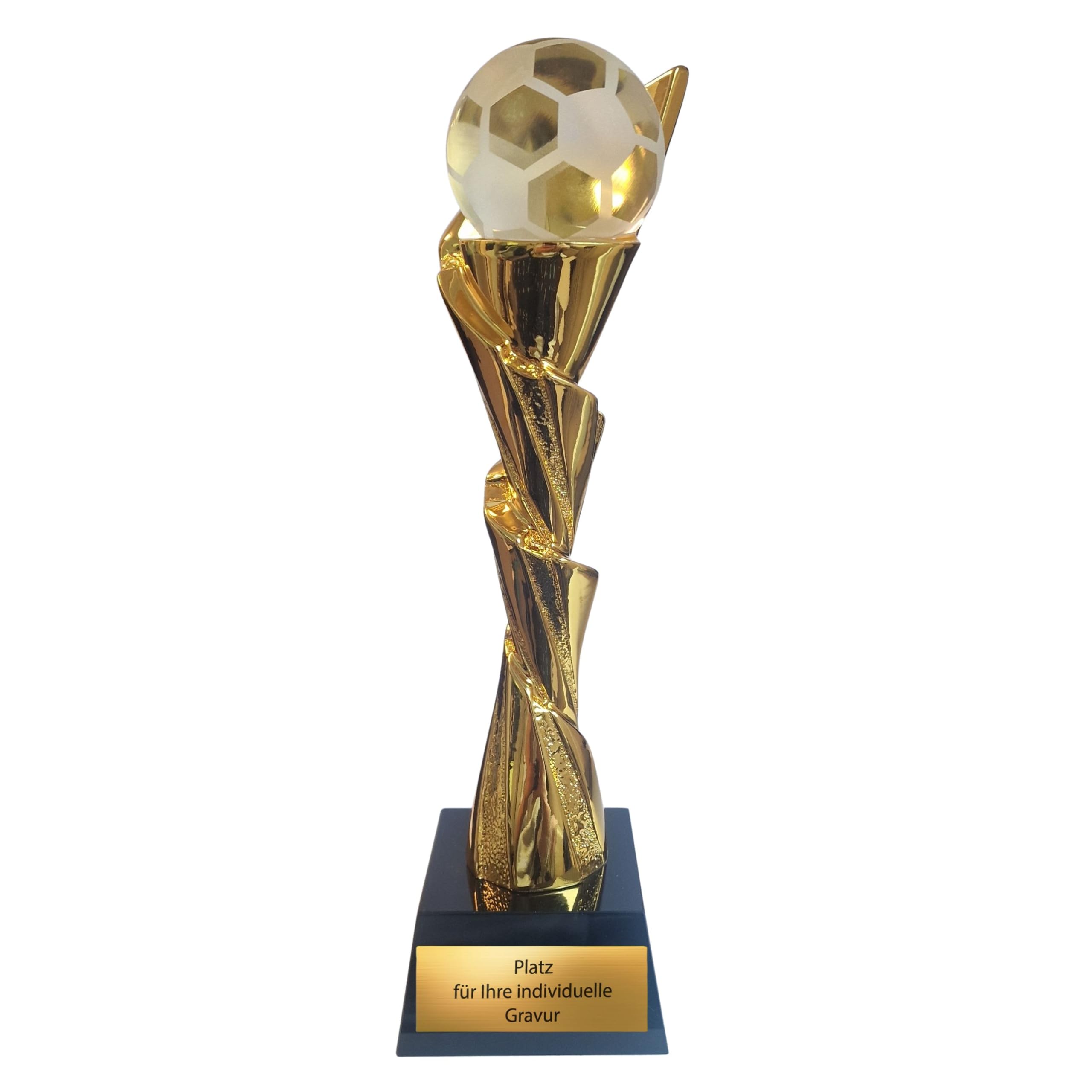 Fußball Pokal 27,5 cm mit Glasball auf Glassockel – edle Trophäe mit Goldener Säule aus schwerem Resin – hochwertiger Award mit Gravurschild für Vereine Turniere & Siegerehrungen