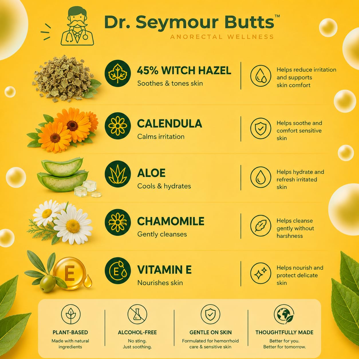 Dr. Seymour Butts Salviette per emorroidi, confezione da 3 (45 pezzi ciascuna), senza alcool, amamelide 45% + estratti botanici (alone, calendula, camomilla) - Salviette detergenti delicate per
