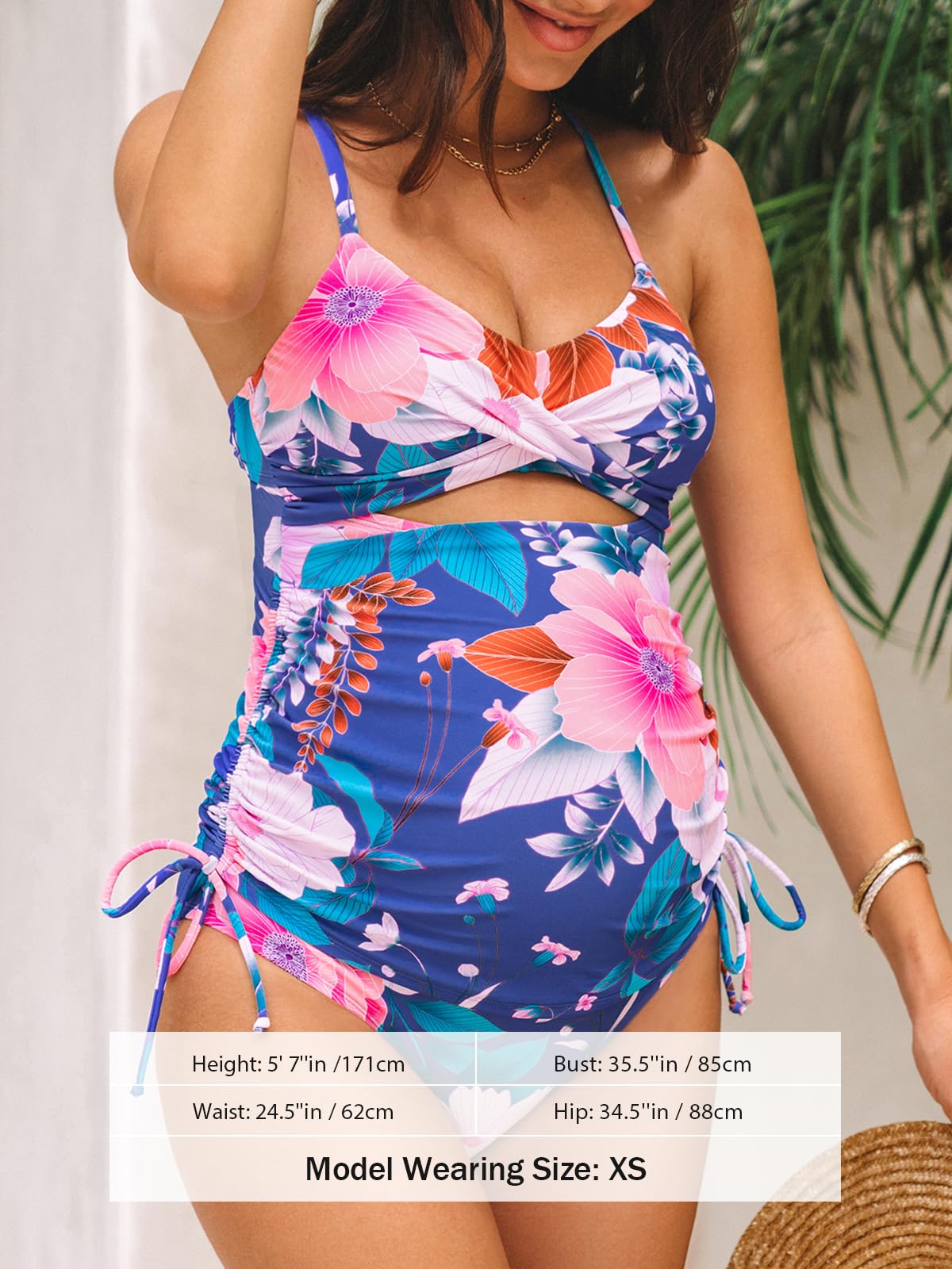CUPSHE Tankini pour femme - Maillot de bain de maternité - Col en V - Taille mi-haute - Nœud dans le dos