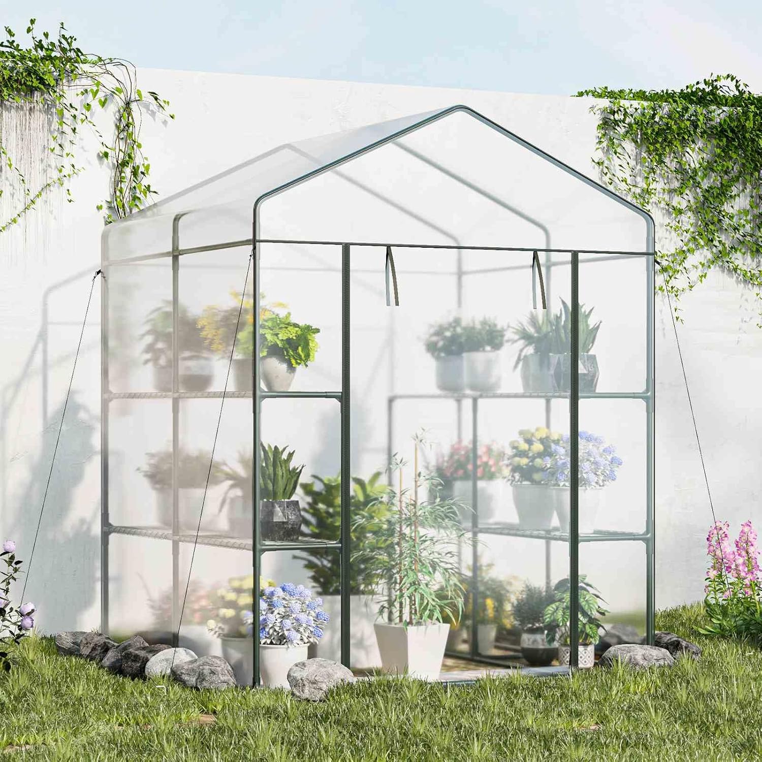 Costway Walk-in Greenhouse w/ 3 Tiers 8 Shelves, PVC Cover, Roll-up Zippered Door, Heavy-Duty Metal Frame, Outdoor Indoor Portable Mini Greenhouse, Winter Hot House for Garden Yard, 139 x 144 x 195 cm