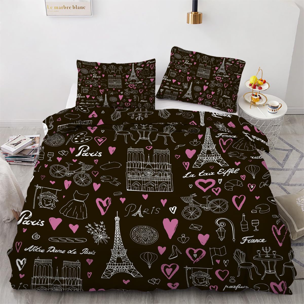 Housse de Couette Tour Eiffel 240x260 Lit Double Anti-Plis