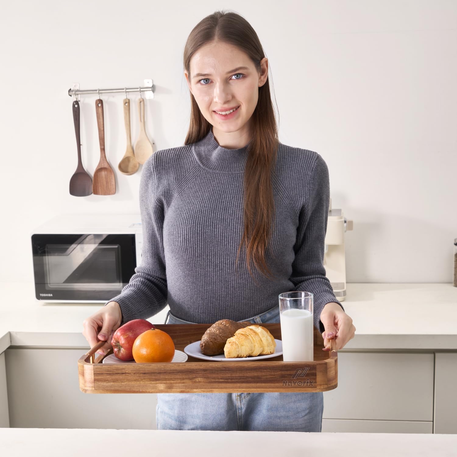Acacia Wood Serving Tray with Handles - 17'' x 13'' Rectangular Decorative Ottoman Trays for Breakfast, Home Decor, Tea Party, Coffee Table, Candle Display, Kitchen Counter Board