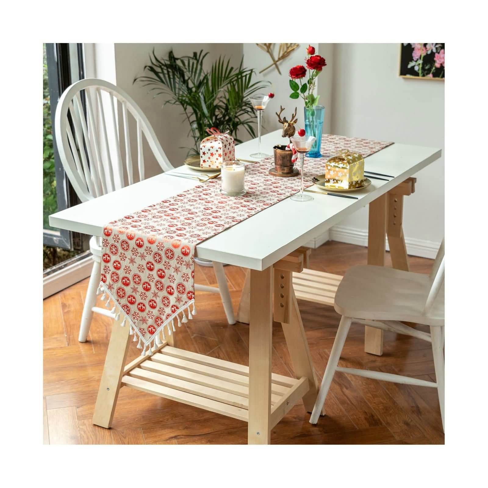 Chemin de table de mariage décoratif rouge coton flocon de neige long - 8
