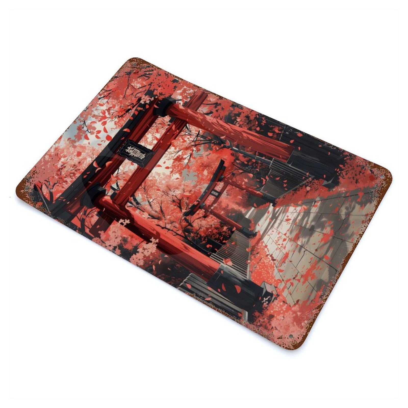 Garage Style Torii Under Cherry Blossom Decorative Tin Sign 11.8"x7.9", Farmhouse Wall Decor for Bar And Workshop