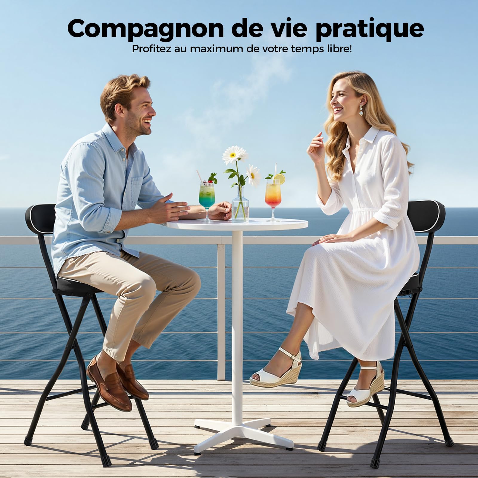 Lot de 2 tabourets de bar pliables avec dossier, 65 cm de haut, chaise haute pliantes pour bar et comptoir, capacité de charge 125 kg (noir 65 cm)
