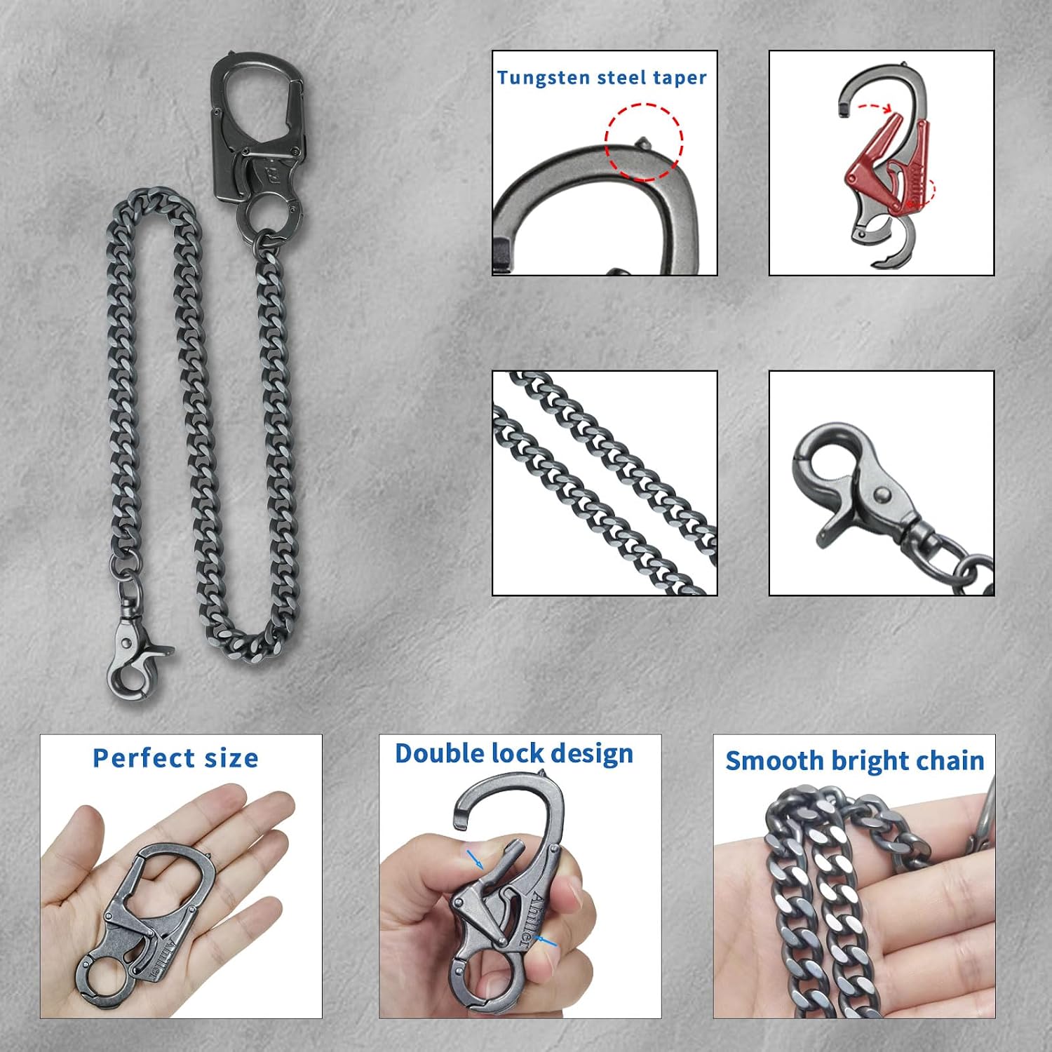 Ahiller Wallet Chain for Men, Lockable Carabiner with Tungsten Steel Taper, Heavy Duty Chain for Key Pocket Belt