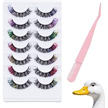 NICENEEDED 7 Pairs Porch Goose Outfit Eyelash with Tweezer, 7mm End 3D Multicolor Salon Eyelashes Plastic Lawn Goose Statue Fake Lashes, Reusable for Lawn Patio Art Decoration