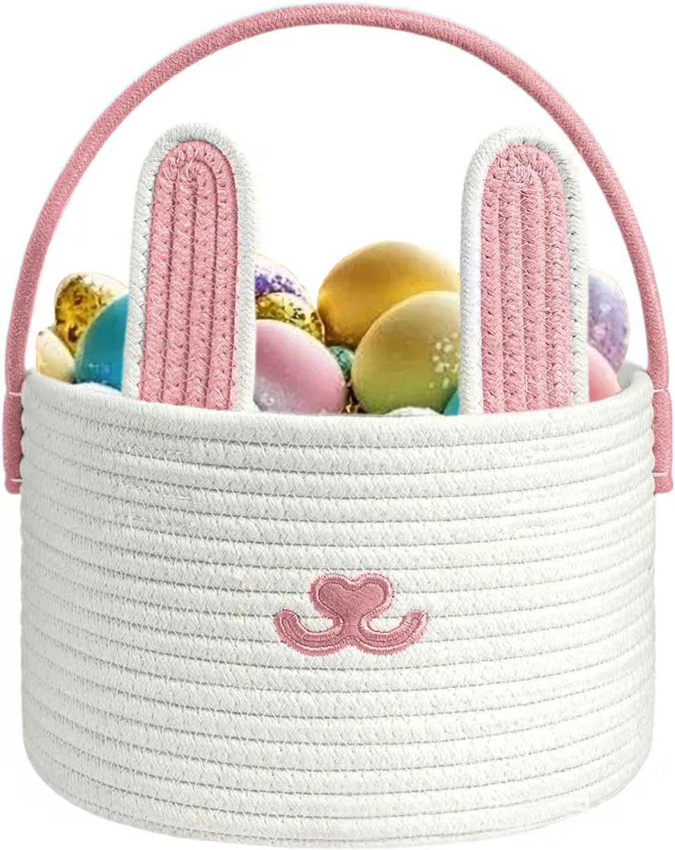 Poschnor Cute Easter Basket, Large Easter Bunny Basket, Woven Cotton Rope Baby Egg Easter Baskets for Girls, Boys, Toddler, Babies, Infant, with Gift Bags and Ribbons, Pink