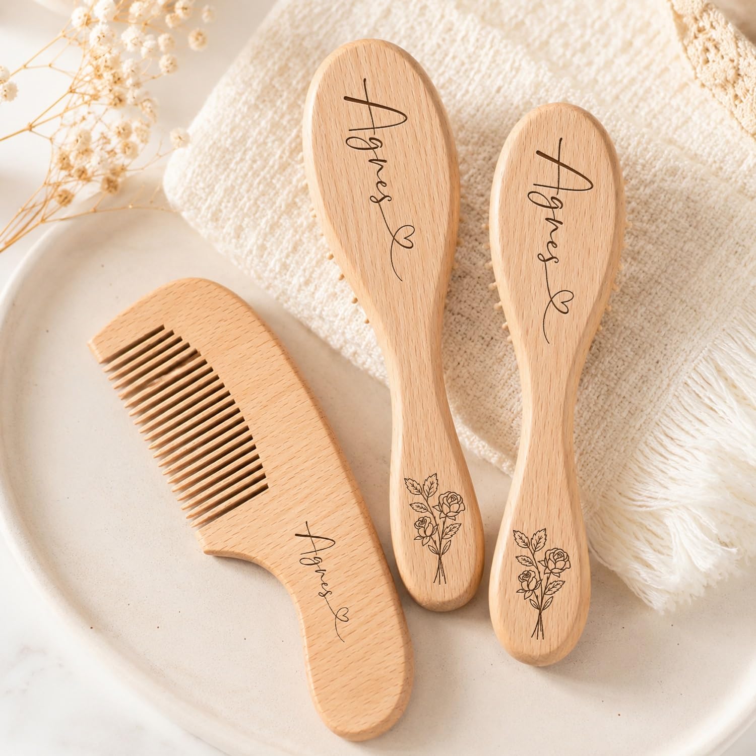 Personalized Wooden Baby Hair Brush And Comb Set, Custom Engraved Name Newborn Keepsake, Soft Goat Bristles Cradle Cap Brush For Infants