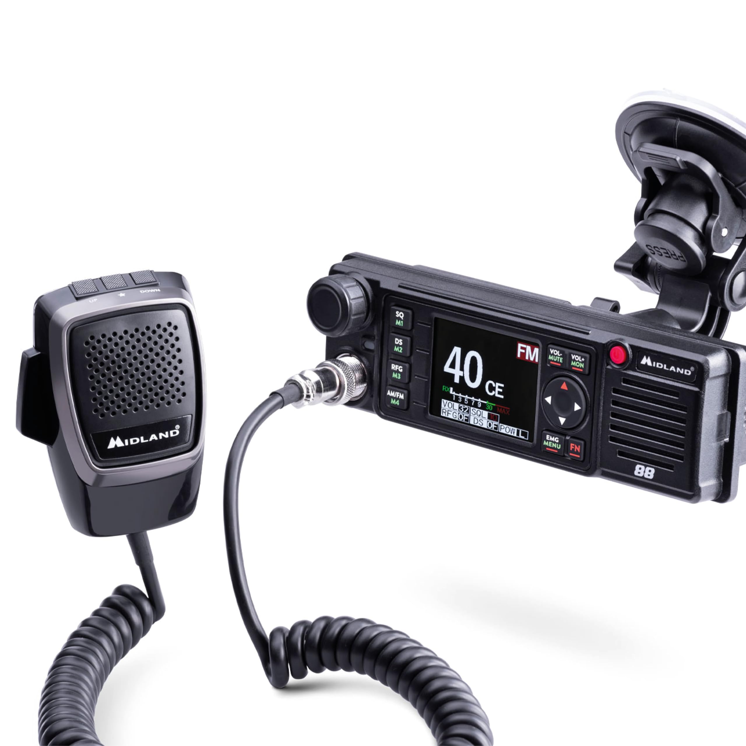 Midland - Radio CB M88 Veicular Sin Licencia, Radioaficionado Profesional para Compartimentos DIN, Auto, Camión, Camper y Otros - Pantalla TFT Multicolor, Noise Blanker/HIC, Alimentación Universal