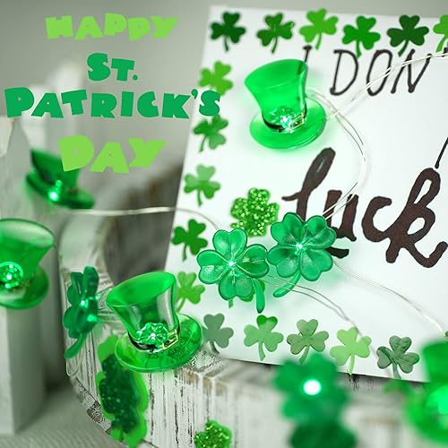 Miniatura 2 de BOHON Decoraciones del día de San Patricio, tréboles verdes, duende, sombrero de copa de luces de 10 pies, 30 luces LED de hadas de trébol de la