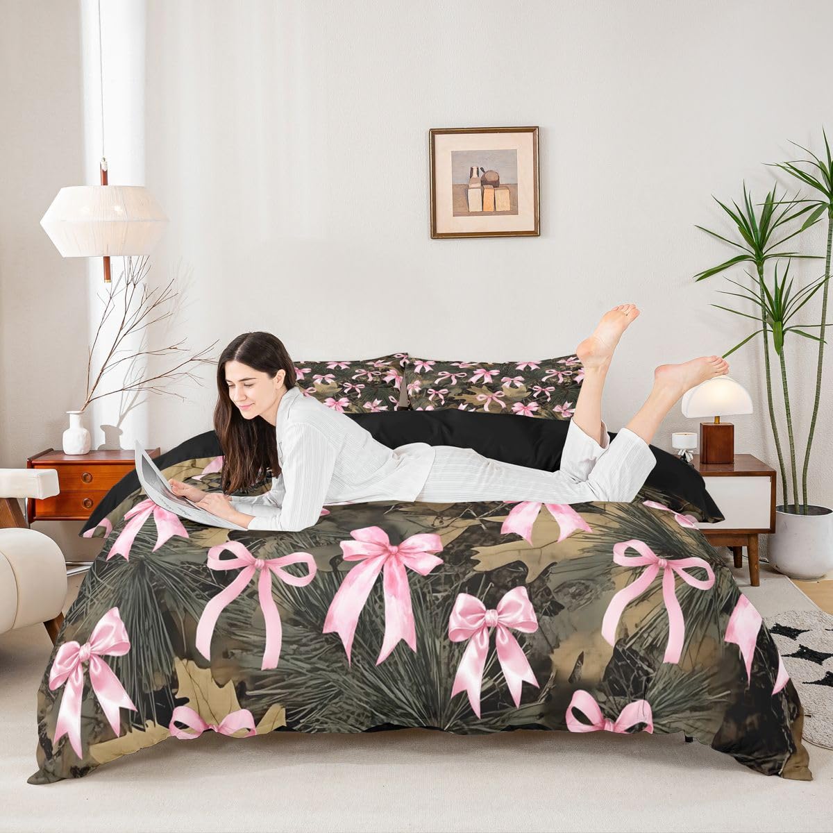 Homewish wstążka satynowa kokarda super king poszewka na kołdrę rustykalny las moro zestaw pościeli dla dorosłych nastolatków kobiet na zewnątrz moro różowa kokarda poszewka na kołdrę słodka dzika
