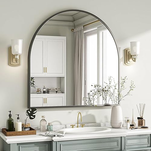 Miniatura 3 de Espejo de pared arqueado, espejo de baño de arco de 20 x 30 pulgadas, espejo de tocador montado en la pared con marco de metal de arco, espejo de