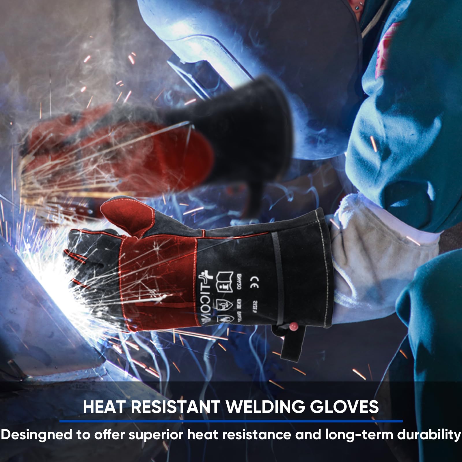 TICONN Gants de soudage de 40,6 cm, résistants à la chaleur de 537,8 °C, gants en cuir ignifuges pour soudeur, bâton, forge, Mig, Tig, barbecue, pâtisserie, four (noir/rouge, taille L)