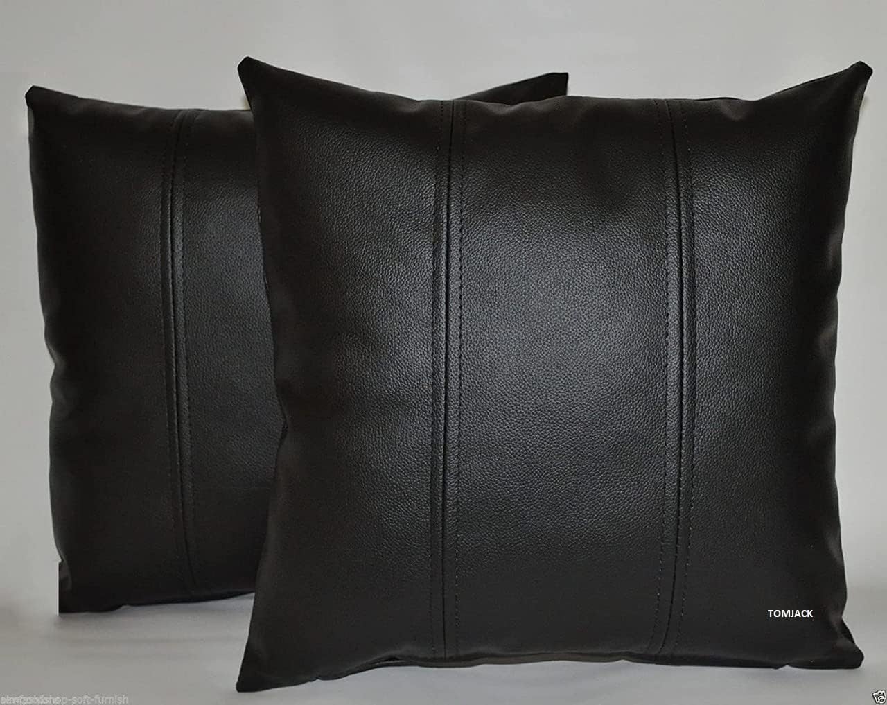 TOMJACK Lambskin Leather Pillow Cover - Decorative Sofa Cushion Case - Throw Covers for Living Room & Bedroom, 20" x 20" - Black Vertical Panel Pack of 2