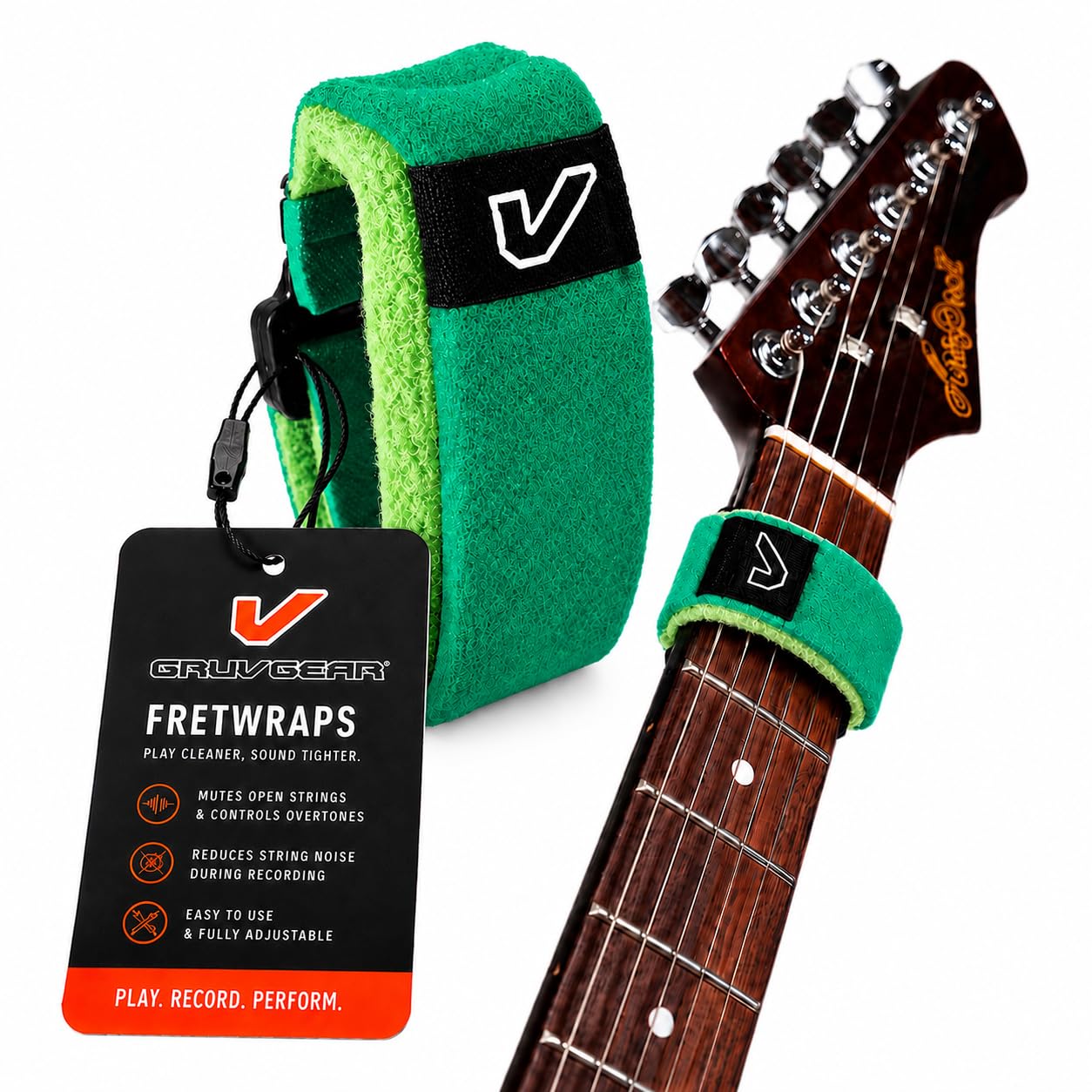Gruv Gear Fret Wrap &amp; Guitar Mute, Fretwrap for Acoustic, Electric &amp; Bass | String Dampener Recording, Tapping &amp; Practice Accessory (1 Pack, Large Green, Fits 6 String Bass, 8 String Guitar)