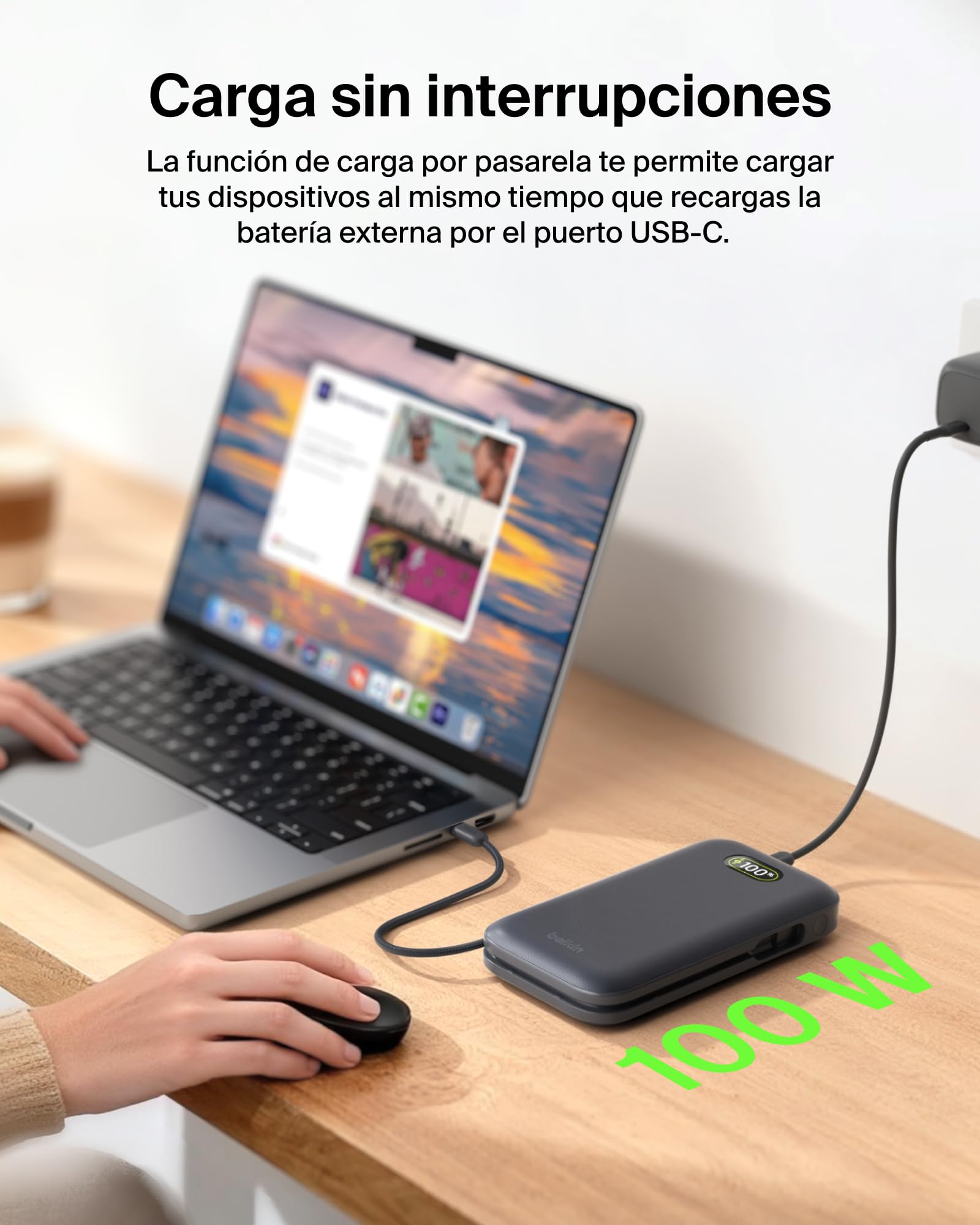 Belkin UltraCharge Pro Batería Externa Carga Rápida 27000mAh, Power Bank Con Cable USB C Integrado, USB PD De 240 W y USB A, Batería Portátil para MacBook Pro, iPhone, iPad, Galaxy, Pixel, Gris Carbón