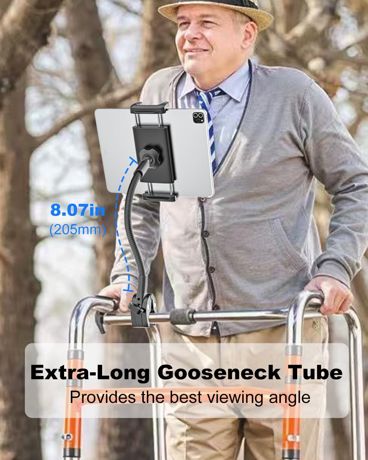 Walker Tablet Holder, Long Gooseneck Tablet Mount Clamp for Rollator Walker, Rolling Walker, Lightweight Walkers, Walkers for Seniors, Fit for iPad Pro Air Mini, iPhone, 4-13" Devices
