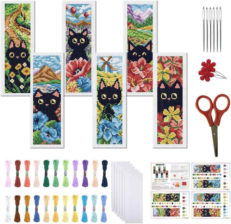 FREEBLOSS 6 Set Cross Stitch Bookmark Kit 11CT DIY Cross Stitch Kits Black Cat Pattern Stamped Embroidery Kit with Instructions Bookmark Making Set for Adult Beginners 8x2.4inch
