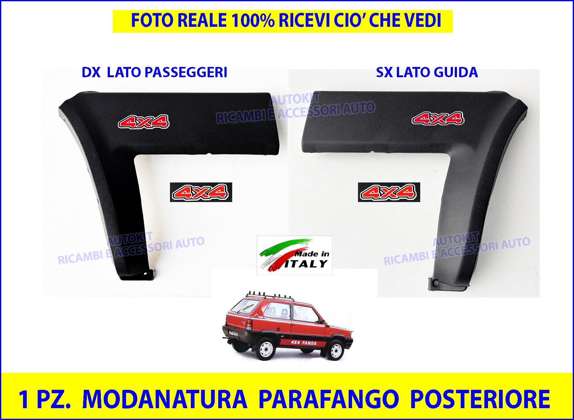 2 MODANATURA LATERALE PARAFANGO Posteriore Destro e Sinistro + Bottoni di Fissaggio scritta 4x4 Specifiche per Panda modello 141 4x4 prodotte dal 1986 al 2003-20110/00-20111/00-14113