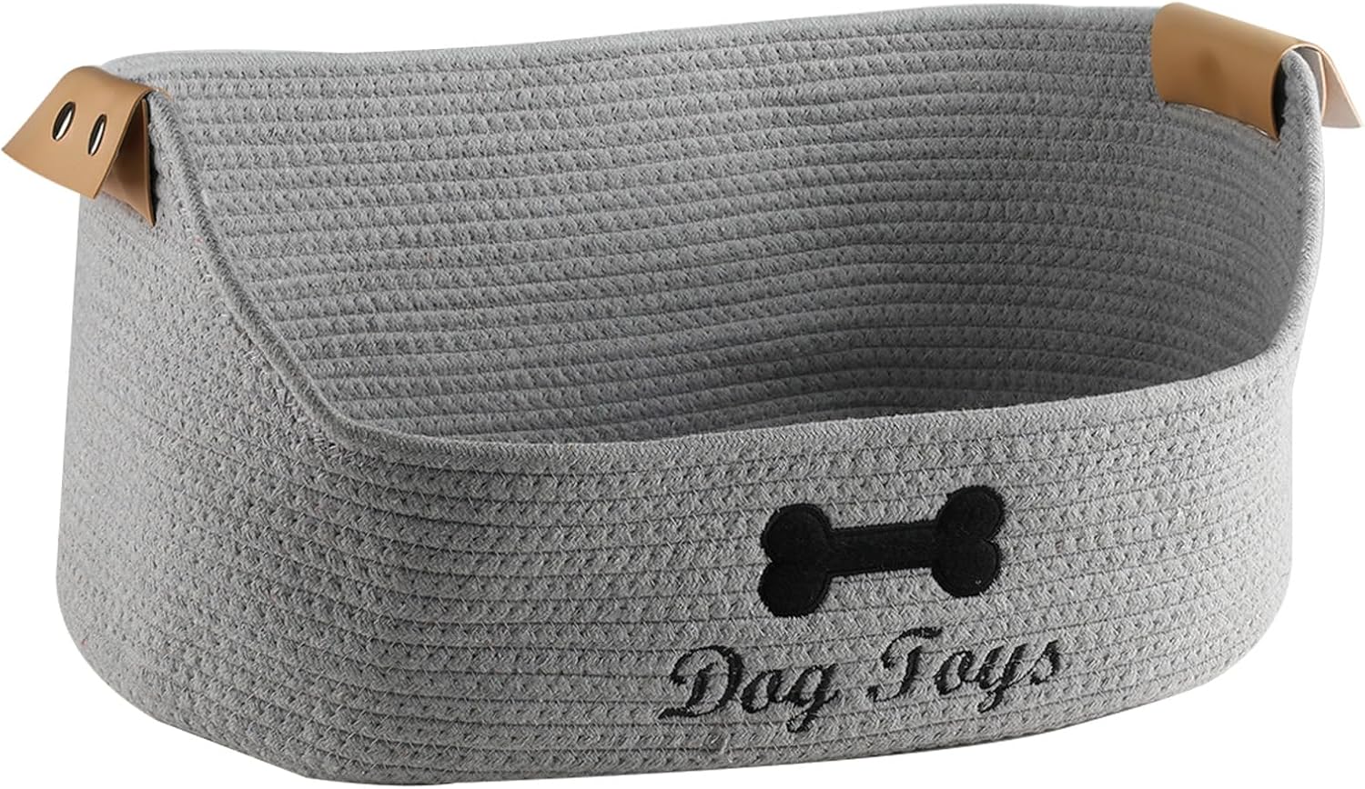 Woven Dog Toy Baskets,Rope Basket for Dog Toys,Collapsible Dog Toy Bin with Leather Handles,Trapezoidal Puppy Toy Storage Basket,Chewproof Dog Organizer for Toys,Collar,Leash,Blankets-Beige