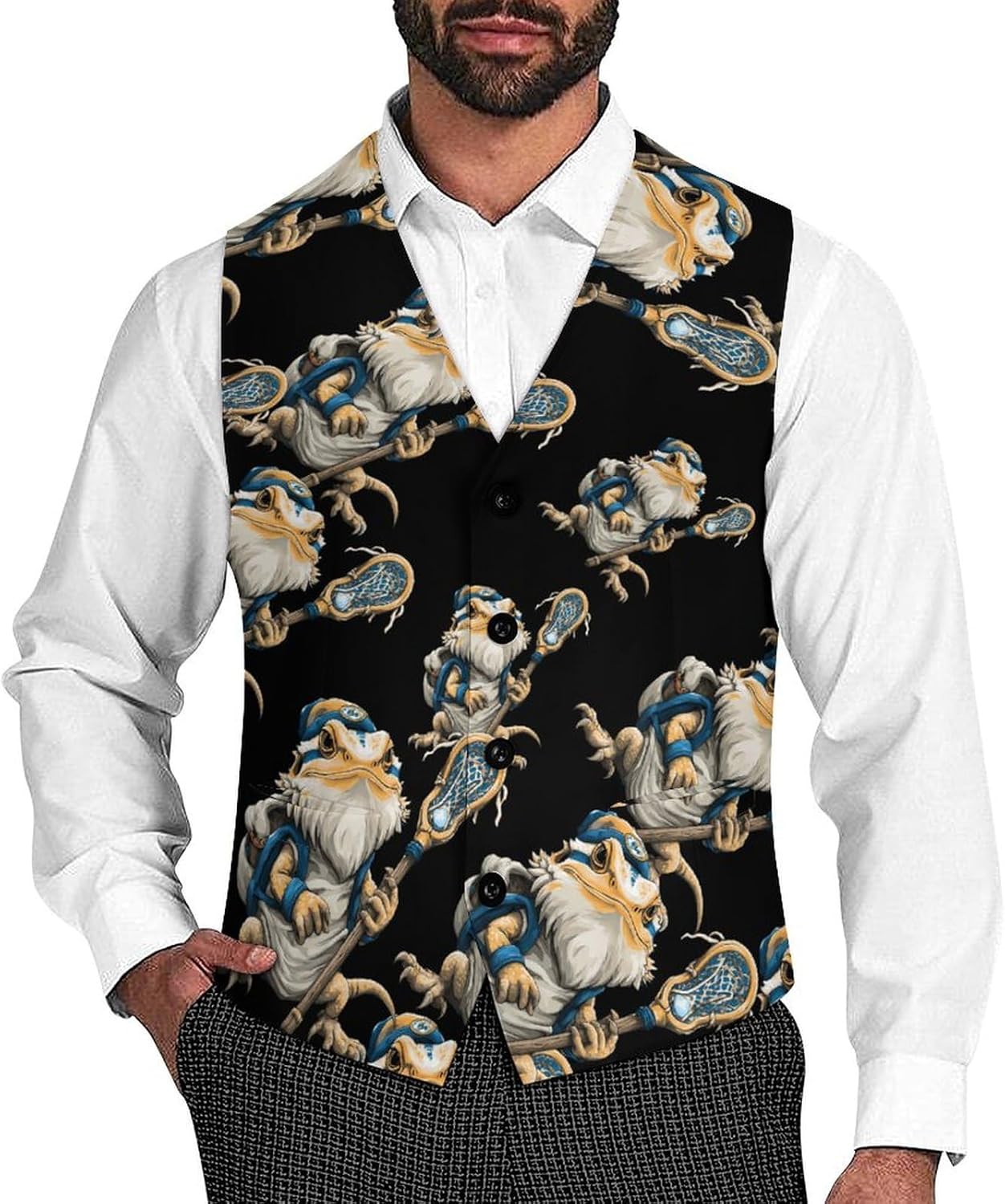 Lacrosse Funny Bearded Dragon Men's Suit Vest Formal Vests Casual Dress Fit Waistcoat Casual Tuxedo for Business