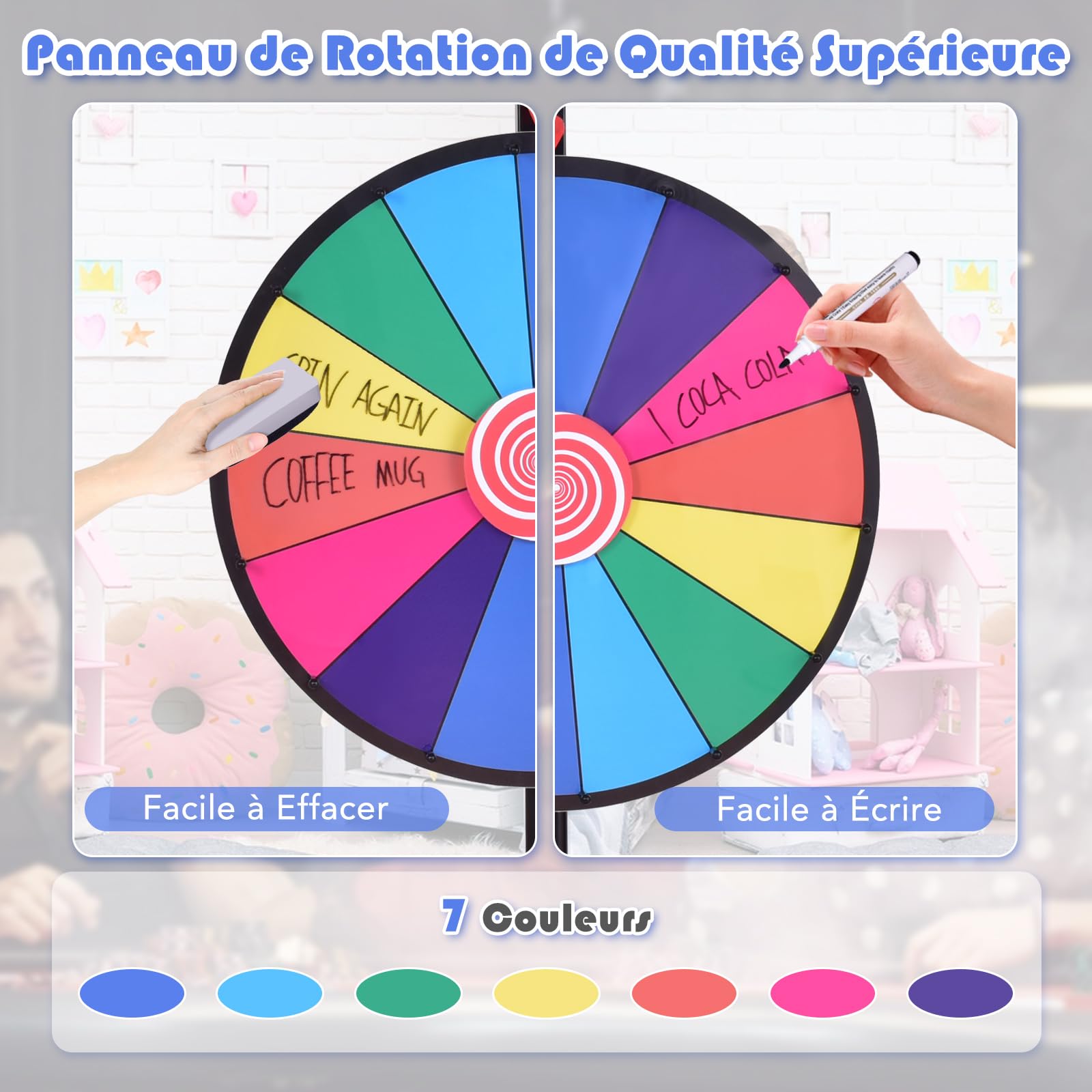 GOPLUS Roue de la Fortune 24 Pouces sur Pied, Prize Wheel 14 Grilles, Hauteur Réglable, avec Stylo Effaçable, Gomme et Pointeur, Trépied Stable et Antidérapant, pour Fêtes, Loterie et Activités