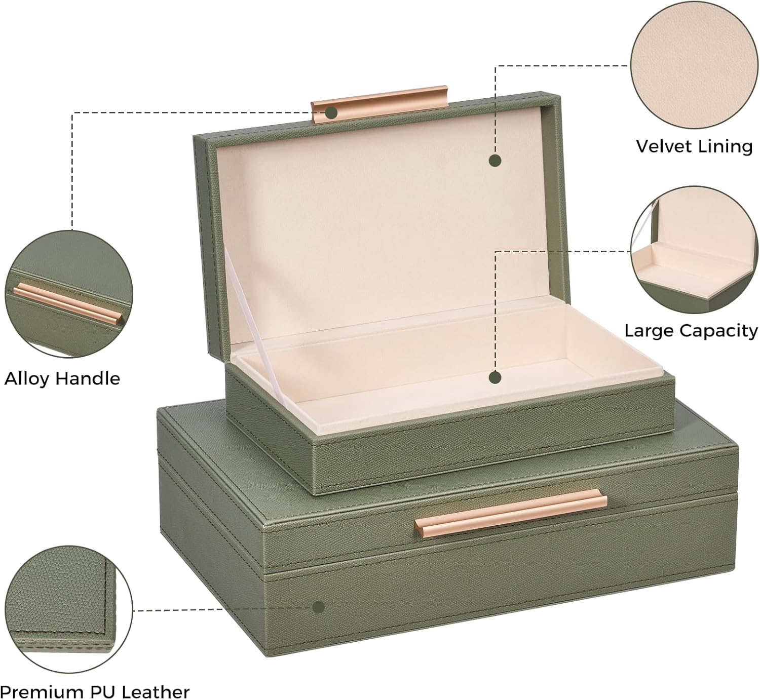 Decorative Storage Boxes with Lids 2-Set for Modern Home, Saving Space, Memory Boxes, PU Leather Keepsake Box, Photo Storage Box with Gold Metal Handles, As Jewelry Box and Home Organizer Box Green