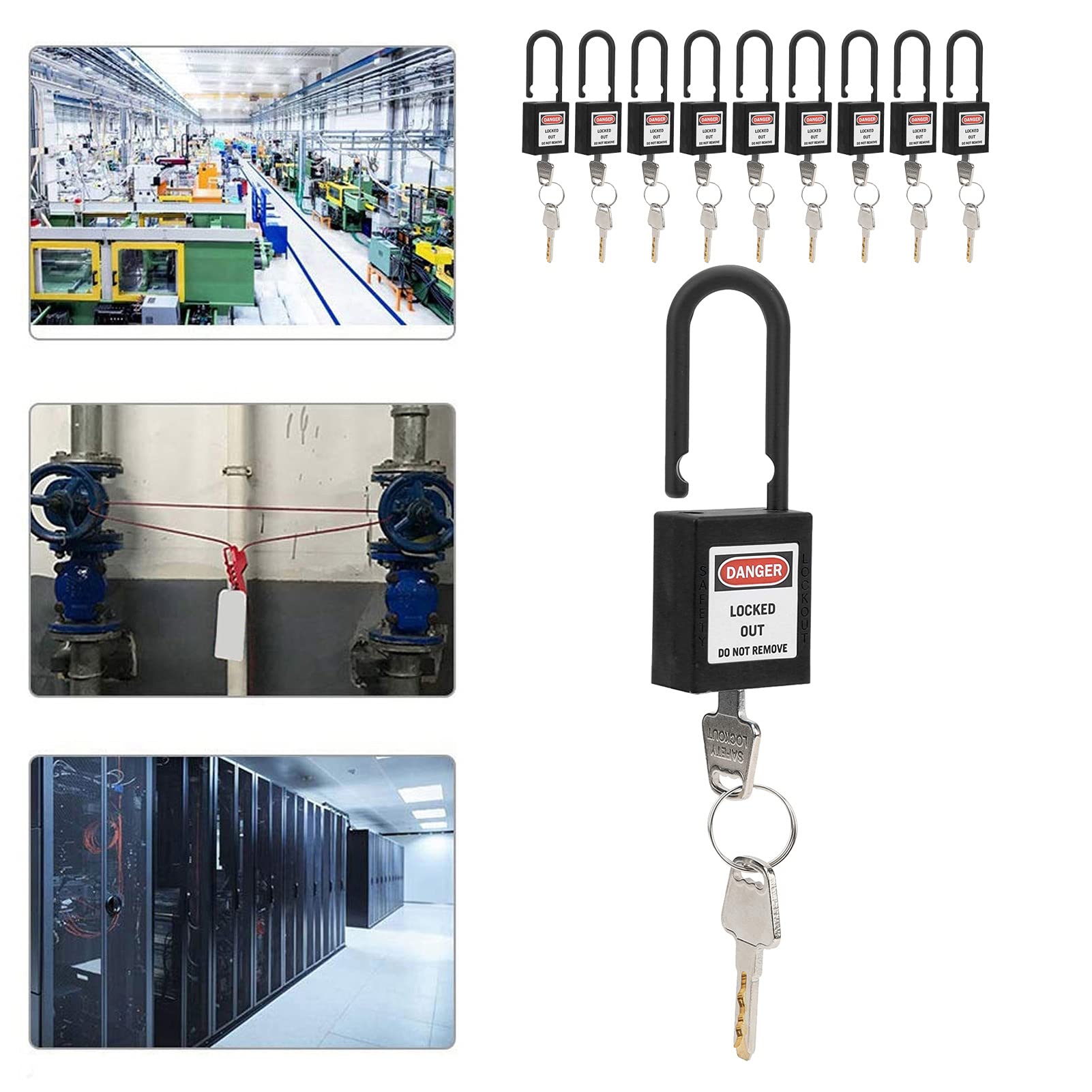 KANASI Candado de seguridad, etiquetado de bloqueo termoplástico no conductor para seguridad industrial en fábricas, hospitales, plantas de energía química (Negro)