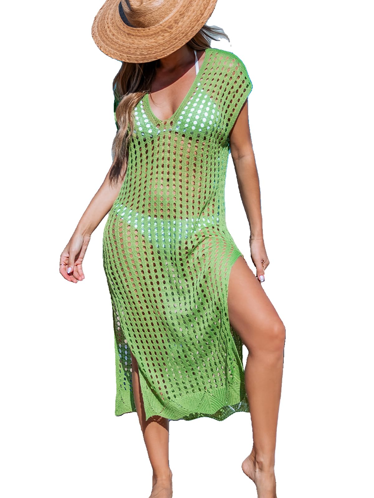 CUPSHE Pareos de ganchillo para traje de baño para mujer, manga casquillo, salida de baño, salida de playa, vestido midi verde pri