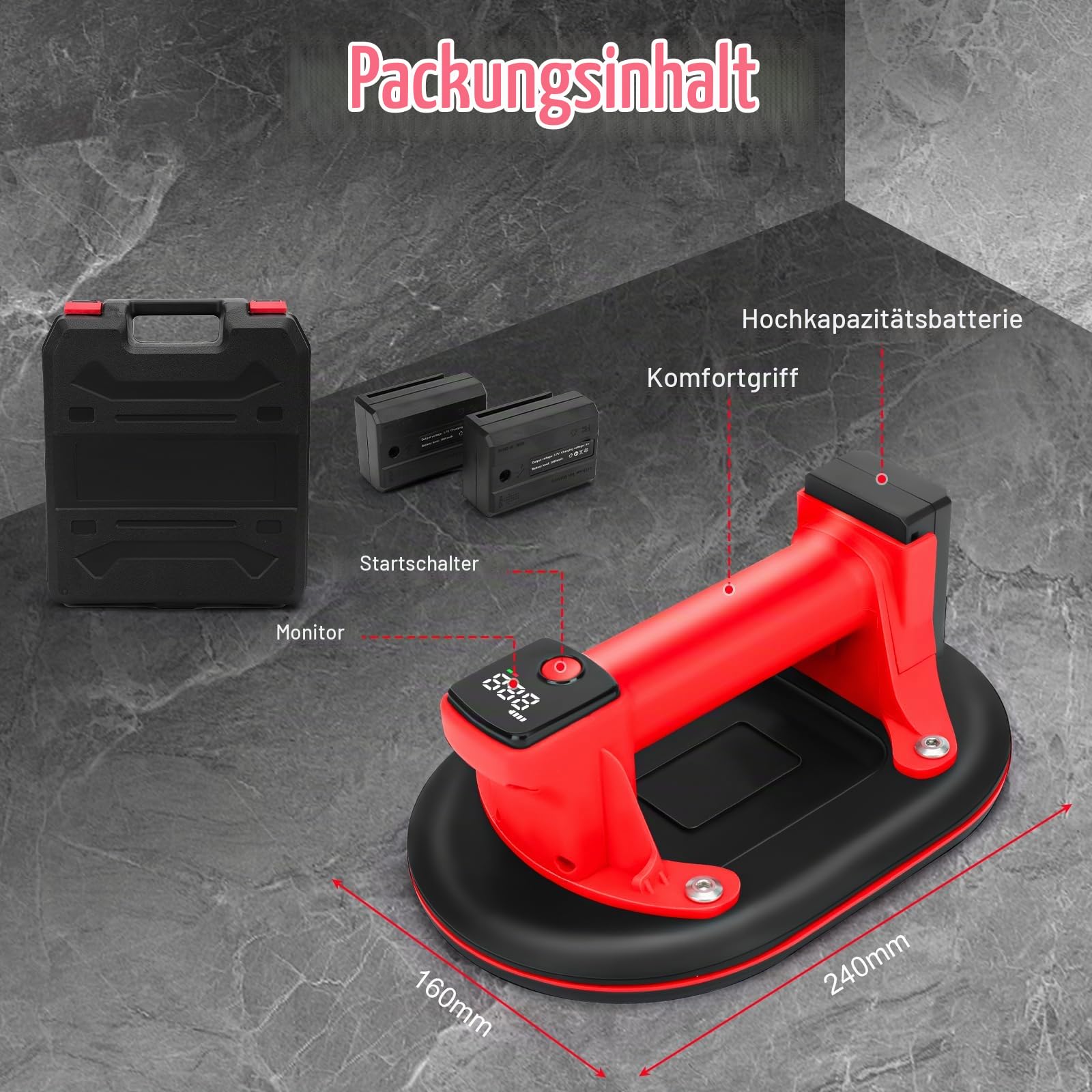 Saugheber Akku Fliesenheber, Elektrischer Vakuum Saugnapf mit 2 Akku